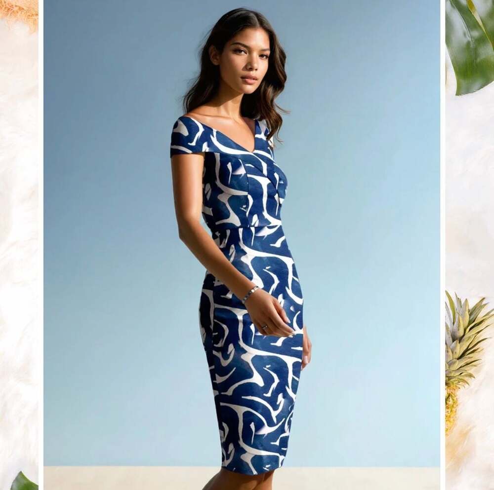 Averie Thea Off-Shoulder Printed Midi Dress in Royal Blue Large